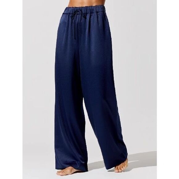 Carbon38 Pants - Carbon38 Wide Leg Pant Navy Blue Satin Size Small Pull On Comfy